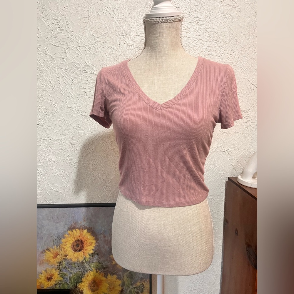 Pink V-Neck Ribbed Women's Top